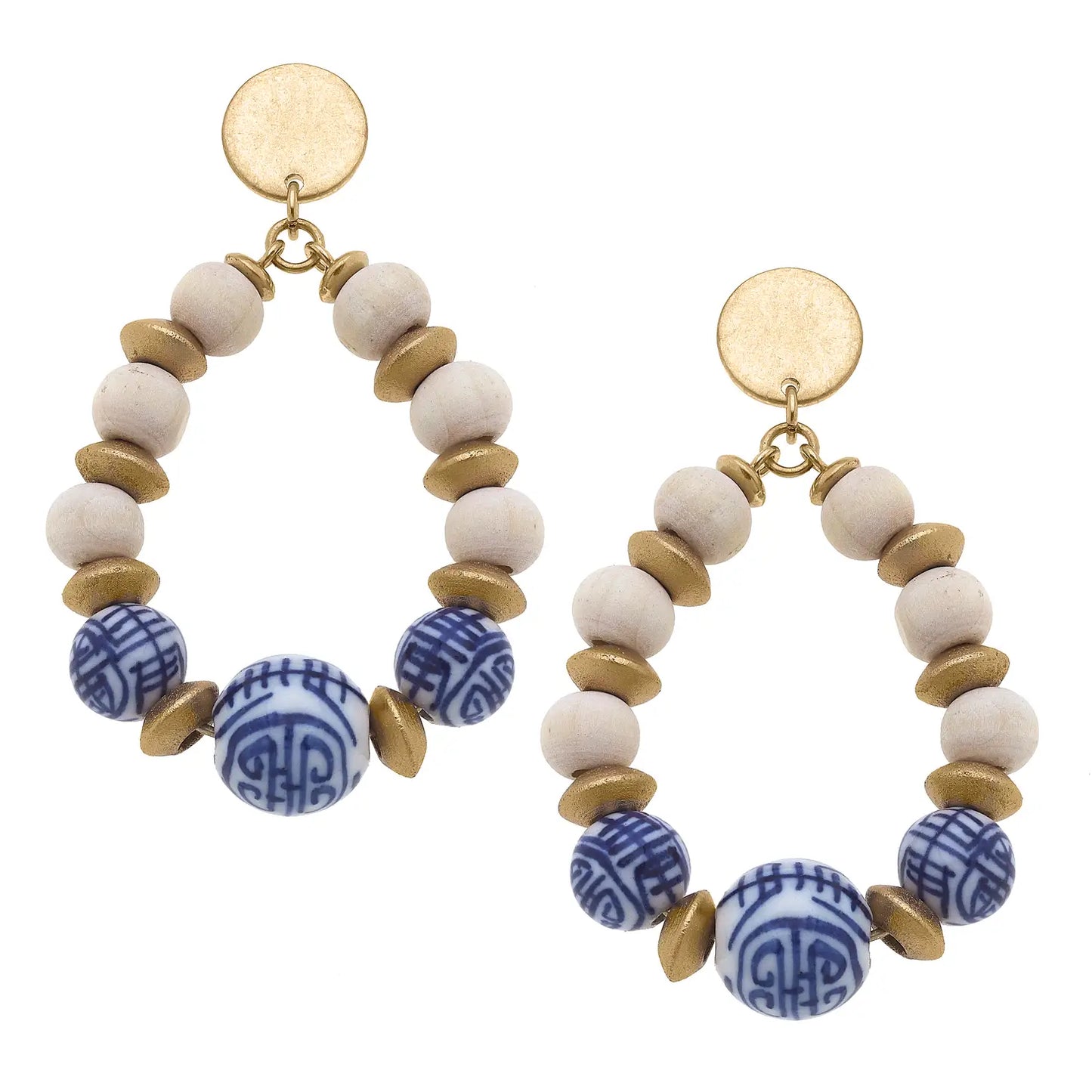 Chinoiserie & Wood Teardrop Earrings